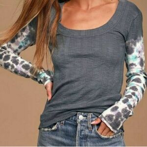 Free People Ribbed Scoop Neck Long Sleeve Top in Slate Gray with Tie-Dye Sleeves